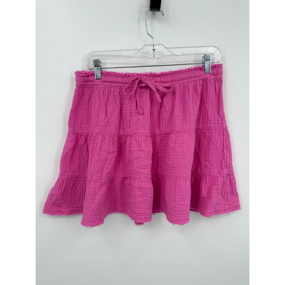 Aerie Tiered Mini Skirt Women L Pink Crinkle Gauze Frayed Hem Elastic Waist